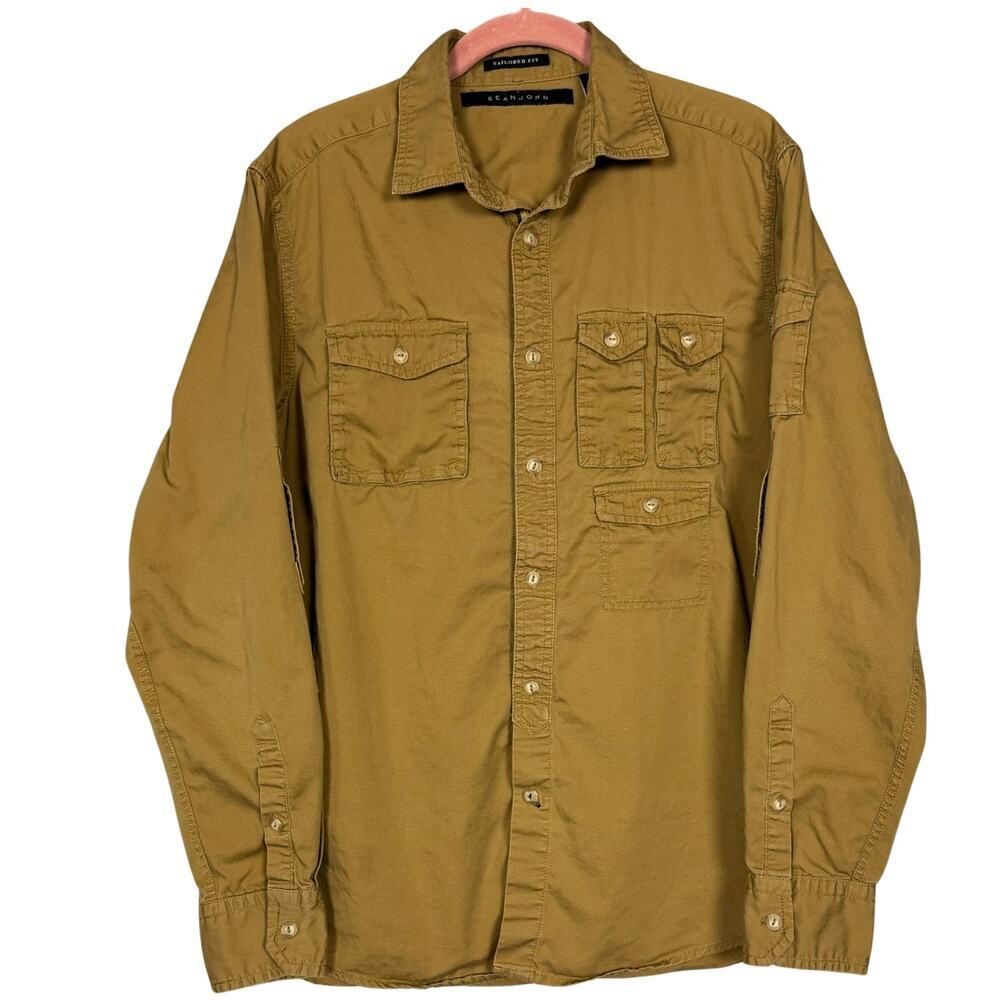 Sean John Mens‎ Shirt Tailored Fit Button Up Long Sleeve Sz Medium Golden Brown